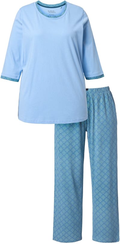 Ulla Popken - Dames - Pyjama tweedelig motief ronde hals 3/4-mouw - Waterblauw - Maat 42+