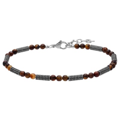 Lucardi - Heren Stainless steel kralenarmband tijgeroog - Armband - Staal - Zilverkleurig - 21.50 cm