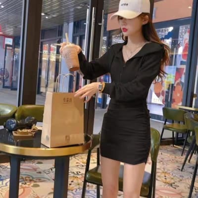 Printemps et Automne Nouvelle Robe Sweat à Capuche Déesse Moulante Femme Robe Enveloppante Hanches Tempérament Mince Mince Sexy Douce Jupe 2XL brown