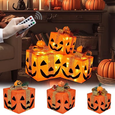 Rosnek 3 Stuks Lichtende Halloween Pompoen Cadeaudoos - LED Verlichting met Afstandsbediening, 8 Verlichtingsmodi & Timer - Op batterijen - Binnen/Buiten Feest Decoratie voor Huis en Tuin