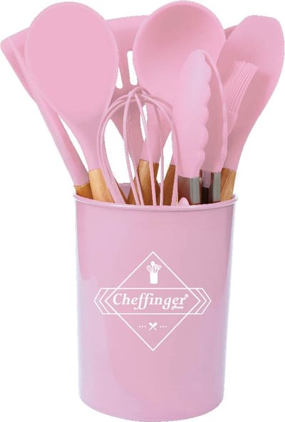 Cheffinger Kookgerei set 12-delig met Houder - Roze - Keukengerei Set - Garde - Spatel - Silicone