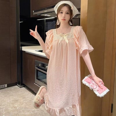Geruit Kersenprint Nachthemd Nachtkleding Dames Koreaanse Stijl Ruches Nachtjurk Pyjama's Zomer Korte Mouw Huiskleding Nieuw Binnen 4XL black