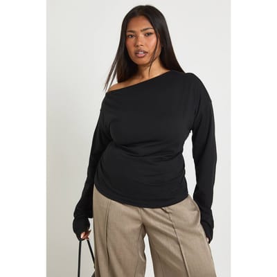 boohoo Dames Plus schouderloze gerafelde top met gespleten zoom | Zwart | Maat: 44