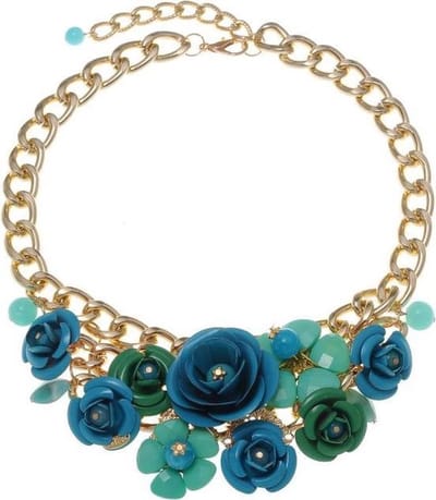 Behave - Statement Ketting met Bloemen – Blauw & Groen – 47,5 cm + 6,5 cm Verlengketting – Goudkleurig – Nikkelvrij