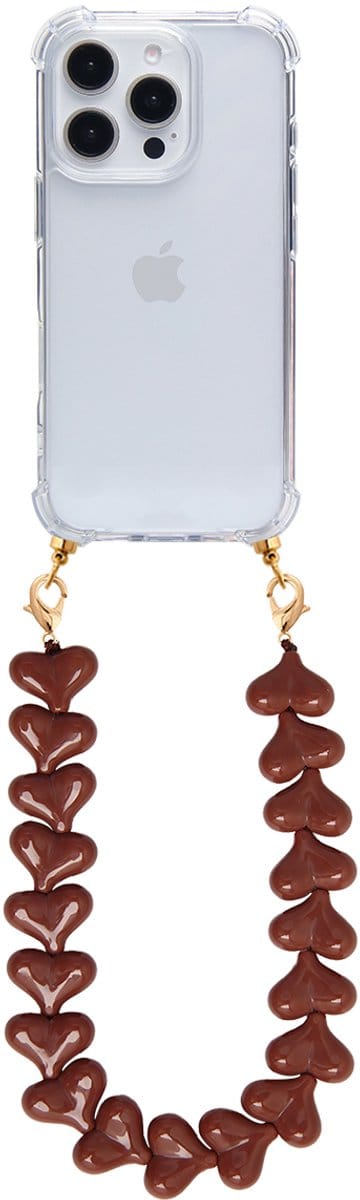 Casies hoesje geschikt voor iPhone 17 Pro met donkerbruin hartenkoord - Dark brown hearts cord - Transparant telefoonhoesje