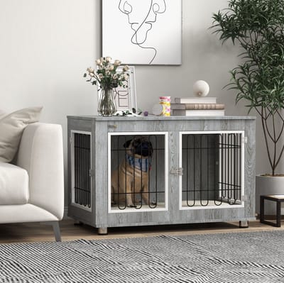 HAUSS SPOLE Hondenbench – Met Kussen En Dubbele Deuren – 90 x 58 x 65 cm – Staal En Hout – Grijs – Voor Middelgrote Honden