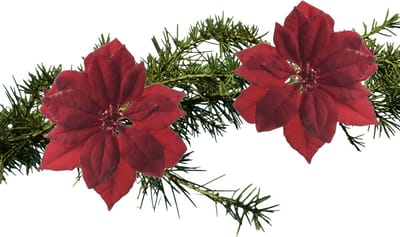 Kerstboom bloemen op clip - 2x stuks - rood glitter - kunststof - 24 cm
