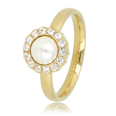 My Bendel - Goudkleurige Ring met Witte Parel en Zirkonia Stenen - Goudkleurige Ring - Witte Parel - Zirkonia Steentjes - met Luxe Cadeauverpakking | Sieraden Voor Dames | Maat 16.00 Mm / Maat 50