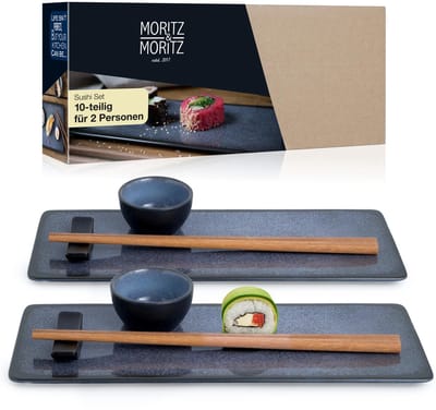 Moritz & Moritz VIDA Serviesset 2 Persoons - 10-delig Sushi Servies Set met Dinerbord, Eetstokje en Schaaltje - Porselein - Blauw