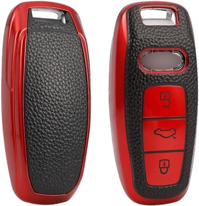 Beschermende TPU Sleutelhoes voor Audi A3, A4, A6, A7, A8, Q7, Q8, E-tron - Sleutelhanger, Leer, Rood, Duurzaam en Stijlvol