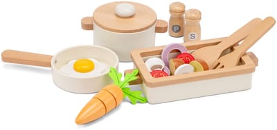 Woet® Houten Pannenset met Ovenschaal Wit - 20-delige Set met Groente en Kookgerei - Speelgoed Keukenset - Speelgoedkeuken Accessoires voor Kinderen - Rollenspel Keukenspeelgoed - Vanaf 24 Maanden