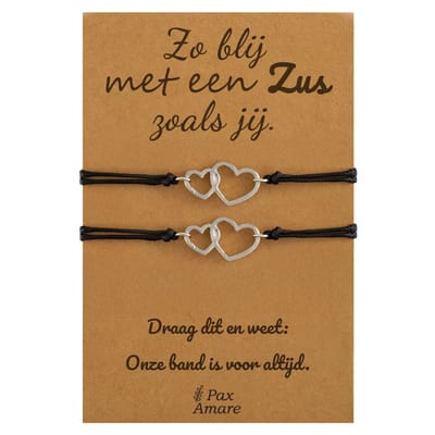 Vriendschapsarmbandjes voor 2 "Zo blij met een zus zoals jij" - Verbonden Hartjes - Sisters Armbandjes met Cadeau Kaartje - Zilverkleurig - Elastisch Verstelbaar - Pax Amare