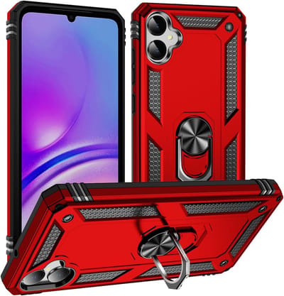 Casemania Hoesje Geschikt voor Samsung Galaxy A06 - Rood - Anti-Shock Hybrid Armor Back Cover - Hoes met Kickstand Ring