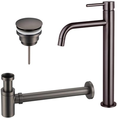 FugaFlow Eccelente Sobrado Badkamer Slim Wastafelkraanset - verhoogde wastafelkraan - klikwaste plug - verlaagde design sifon - PVD Gepolijst Gunmetal