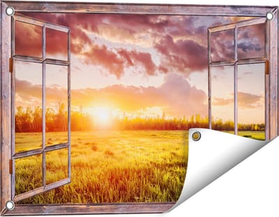 Gards Tuinposter Doorkijk Zonsopkomst in het Veld - 60x40 cm - Tuindoek - Tuindecoratie - Wanddecoratie buiten - Tuinschilderij