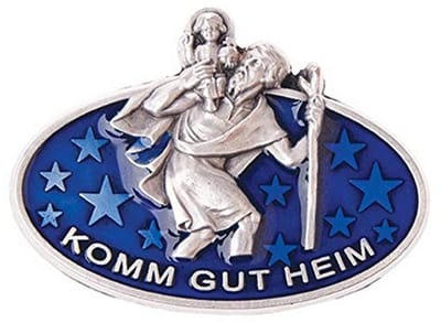 Ovale Autoplakette – Blauw Ø 4,5 cm – Heilige Christoffel met Gravure “Komm gut heim” – Geluksbrenger Auto met Magneet & Kleefpad