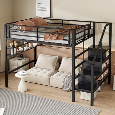 MODFU Ledikant 140x200 cm – Zwart metaal met opbergtrap & planken – Hoge reling – Ruimtebesparend