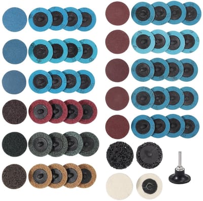 Dailygoods - Schuurschijven, pads, 50 mm, schuurpapier, set, schuurpads, korrelgrootte P60, P80, P120, P180, P240, met houder voor polijsten, auto, metaal, hout, staafschuurmachine, perslucht,
