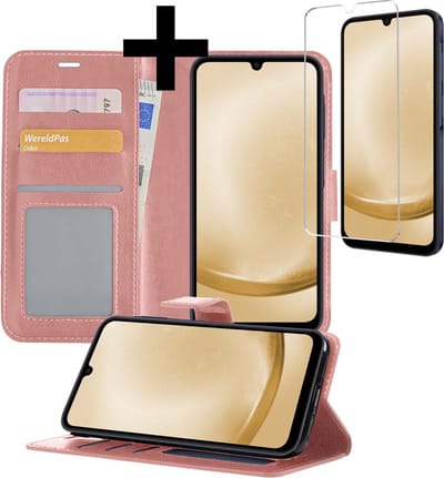 Hoesje - Met Screenprotector - Geschikt voor Samsung Galaxy A25 - Luxe Pasjeshouder - Bookcase Portemonee - Flip Case - Kunstleer Book Case - Flipcase - Book Cover - Walletcase - Portemonneehoes - Telefoonhoesjes - Rosé goud