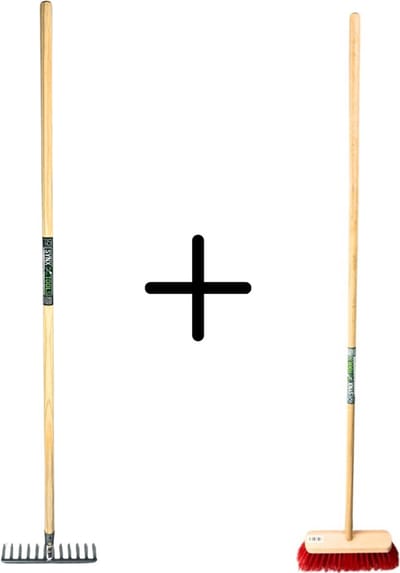 Synx Tools Tuinhark 8 Tanden verzinkt + Nylon Straatbezem 30 cm - Kunststof haren - Bodembewerkers - Onkruidverwijderaar – Schrobborstels – Buitenbezem met steel 150 cm – Hark met steel 150 cm