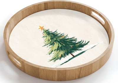 Dienblad rond 40x40 cm - Schootdienblad hout - Kerstboom - Illustratie - Ster - Sneeuw - Borrelplank rechthoek - Plateau houten dienbladen