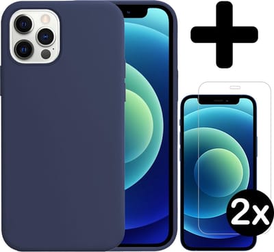 Hoesje - Met 2x Screenprotector - Geschikt voor Apple iPhone 12 Pro - Sterk & Shockproof - Telefoon Hoes - Back Cover - Siliconen Case - Telefoonhoes - Donkerblauw