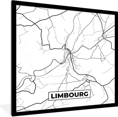 Fotolijst incl. Poster Zwart Wit- Stadskaart – Zwart Wit - Kaart – Limbourg – België – Plattegrond - 40x40 cm - Posterlijst