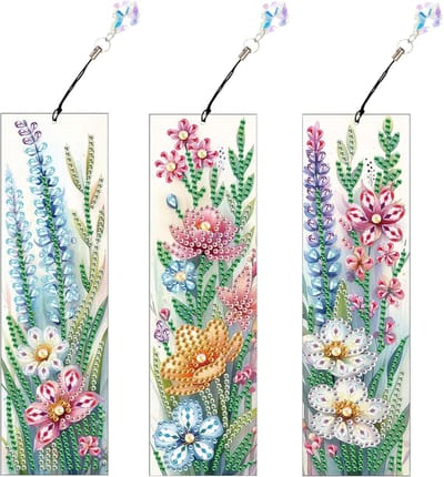 3 stuks 5D diamantschilderij boekenlegger kits bloemen diamond art painting boekenmarkeringen DIY kralen leer kwast bladwijzer handwerk voor volwassenen beginners bloemen