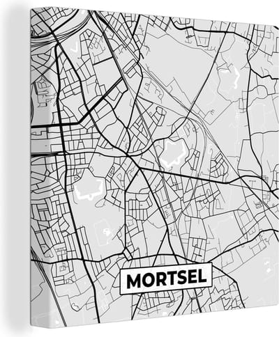 Canvas Schilderij Stadskaart – Zwart Wit - Kaart – Mortsel – België – Plattegrond - 20x20 cm - Wanddecoratie