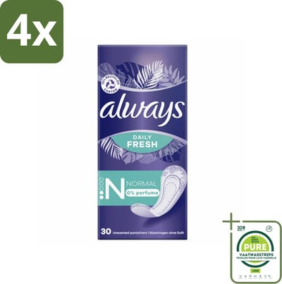 Always Daily Fresh - Inlegkruisjes - Normaal - Ongeparfumeerd - 30 Inlegkruisjes - Voordeelverpakking - 4 stuks - Inlegkruisjes - Always