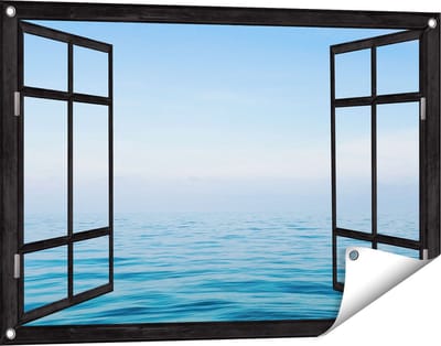 Gards Tuinposter Doorkijk Zee met een Blauw Hemel Achtergrond - 90x60 cm - Tuindoek - Tuindecoratie - Wanddecoratie buiten - Tuinschilderij