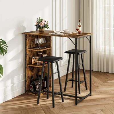 Zerova 3-Delige Bartefelset met 2 Krukken - Bartafel met Barstoelen - Hoge Eettafel - 91 x 90 x 50 cm - Bartafel set - Bruin