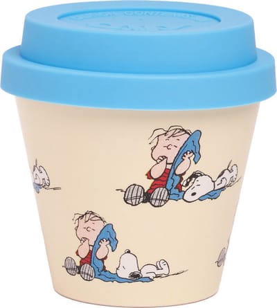 Quy Cup - 90ml Ecologische Reis Beker - Espressobeker "Peanuts Snoopy 7 Copertina” met licht blauw Siliconen deksel 7x7x7cm