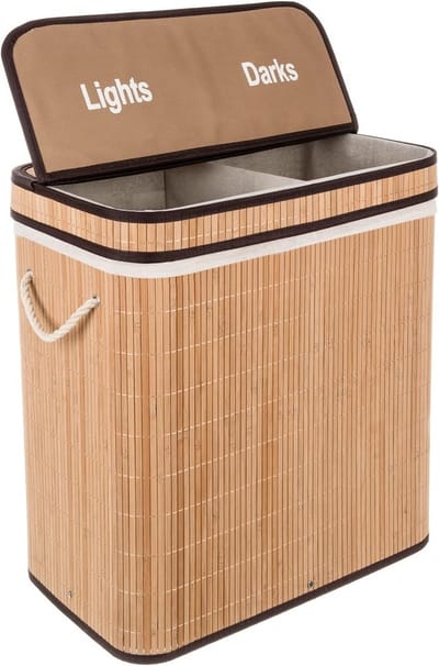 Grote Wasmand met 2 Vakken, 100L, Natuurlijke Bamboe Look met Deksel en Waszak