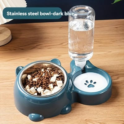 Distributeur automatique 2-en-1 pour animaux de compagnie et abreuvoir avec inclinaison surélevée et bol en acier inoxydable pour chiens et chats Conception de protection du cou Fournitures d'alimentation pour animaux de compagnie 1pc bleu