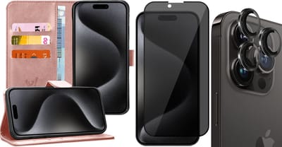 Hoesje geschikt voor iPhone 15 Pro - Privacy Screenprotector FullGuard & Camera Lens Screen Protector Zwart - Book Case Kunstleer Pasjeshouder Rosegoud