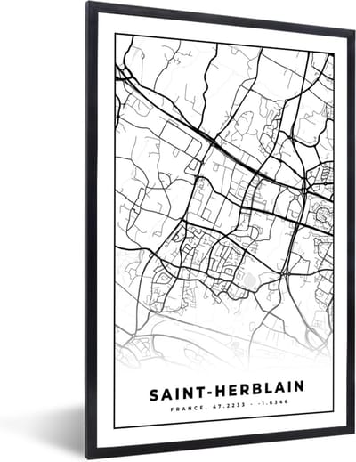 Fotolijst incl. Poster Zwart Wit- Kaart - Plattegrond - Saint-Herblain - Frankrijk - Stadskaart - Zwart wit - 40x60 cm - Posterlijst