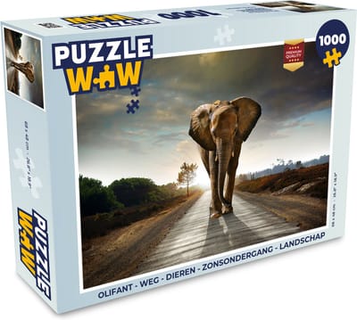 Puzzel Olifant - Weg - Dieren - Zonsondergang - Landschap - Legpuzzel - Puzzel 1000 stukjes volwassenen