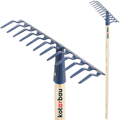 KOTARBAU® Tuinhark, Bladhark, Staal, 32 cm, Marineblauw, met Houten Steel, 132 cm, 12 Tanden, voor Gazon, Stevige Hark, Metalen Hark, Ergonomisch Tuingereedschap