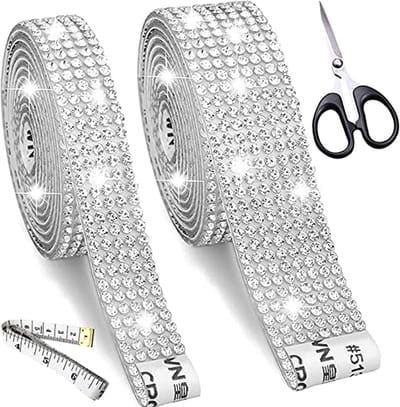 STAR&STER 2 rollen zelfklevende kristallen strasstickers, zilver, diamantband, strassband, doe-het-zelfdecoratie, glitterband met 2 mm, voor kunst, handwerk, doe-het-zelf, evenement, auto, telefoondecoratie (4 yards)