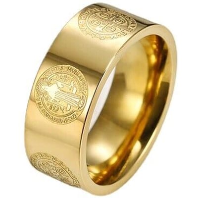 Bague Anneau Croix d'Exorcisme Saint Benoît Catholique Relief Acier Inoxydable 8mm Homme 12 beige