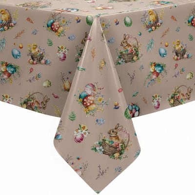 Protecttable - Rond Tafelzeil Paas Kuiken en Haas Taupe ⌀138cm - Tafelkleed Afwasbaar - Kunststof