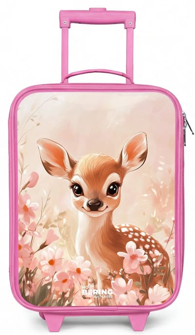 NoBoringSuitcases.com® - Kinderkoffer roze - Kindertrolley meisje - Hertje - Ogen - Stippen - Bloemen - Koffer kind lichtgewicht - Reiskoffer trolley voor kinderen - Koffertje met lichtgevende wieltjes - Rolkoffer