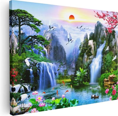Artaza Canvas Schilderij Kraanvogels - 40x30 cm - Klein - Wanddecoratie Waterval - Muurdecoratie Bloesem - Kamer Accessoires Bergen