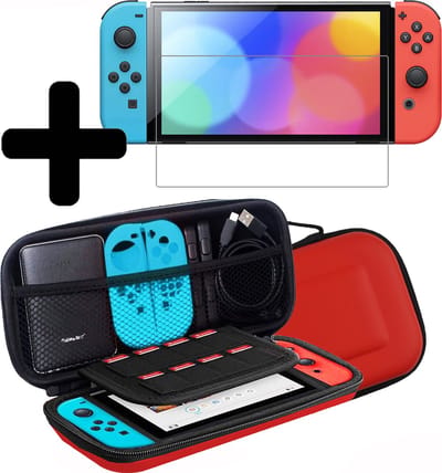 Hoes Geschikt voor Nintendo Switch OLED Case Hoesje Met Screenprotector - Bescherm Hoes Geschikt voor Nintendo Switch OLED Hoes Hard Cover - Rood