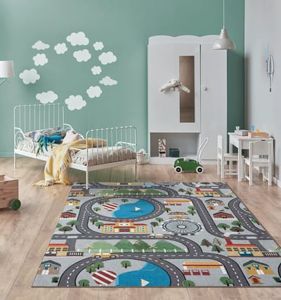 the carpet Happy Life – Kinder Speelkleed met Stadsprint – Wasbaar & Antislip – Grijs – 80 x 150 cm