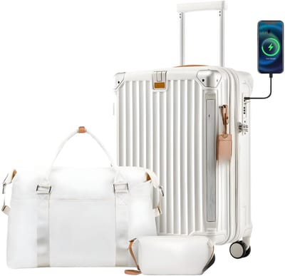 Reiskofferset – Voor reizigers – Uitbreidbaar, lichtgewicht en duurzaam – Wit, met TSA-slot, spinnerwielen en bekerhouder (50,8 cm)