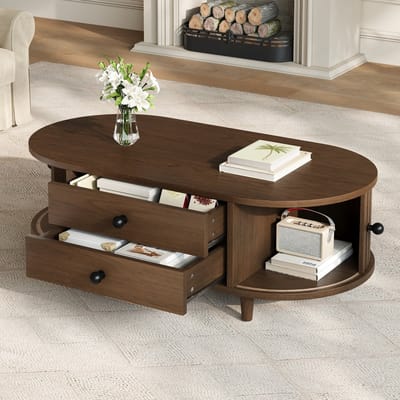 HAUSS SPOLE Salontafel - Met Roldeuren En 2 Lades - Voor Woonkamer - MDF En Massief Hout - 100x50x36 Cm - Walnootkleur