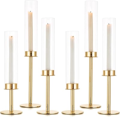 Kandelaar, goudkleurig, metaal, voor bruiloftstafel, middenstukken, 48 cm hoog, set van 6, windlicht, kaarsenhouder, staafkaars met glas, voor eetkamer, koffie, tafeldecoratie