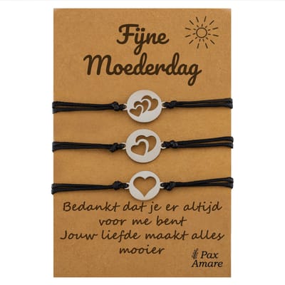 Moeder Dochter Armbandjes voor 3 "Fijne Moederdag" - Verschillende Hartjes - Moeder Kind Armbandjes met Persoonlijk Cadeau Kaartje voor mama - Zilverkleurig - Elastisch Verstelbaar - Pax Amare